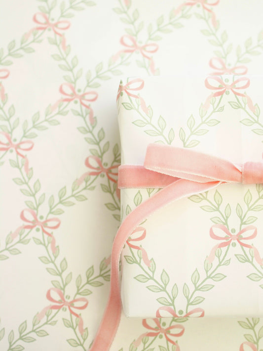 Greenery Lattice Pink Bows Wrapping Paper