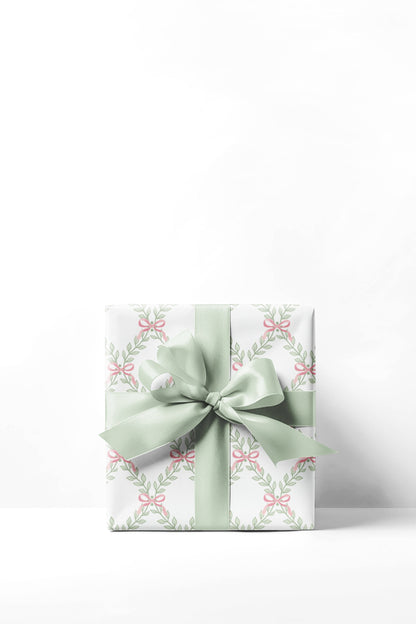 Greenery Lattice Pink Bows Wrapping Paper