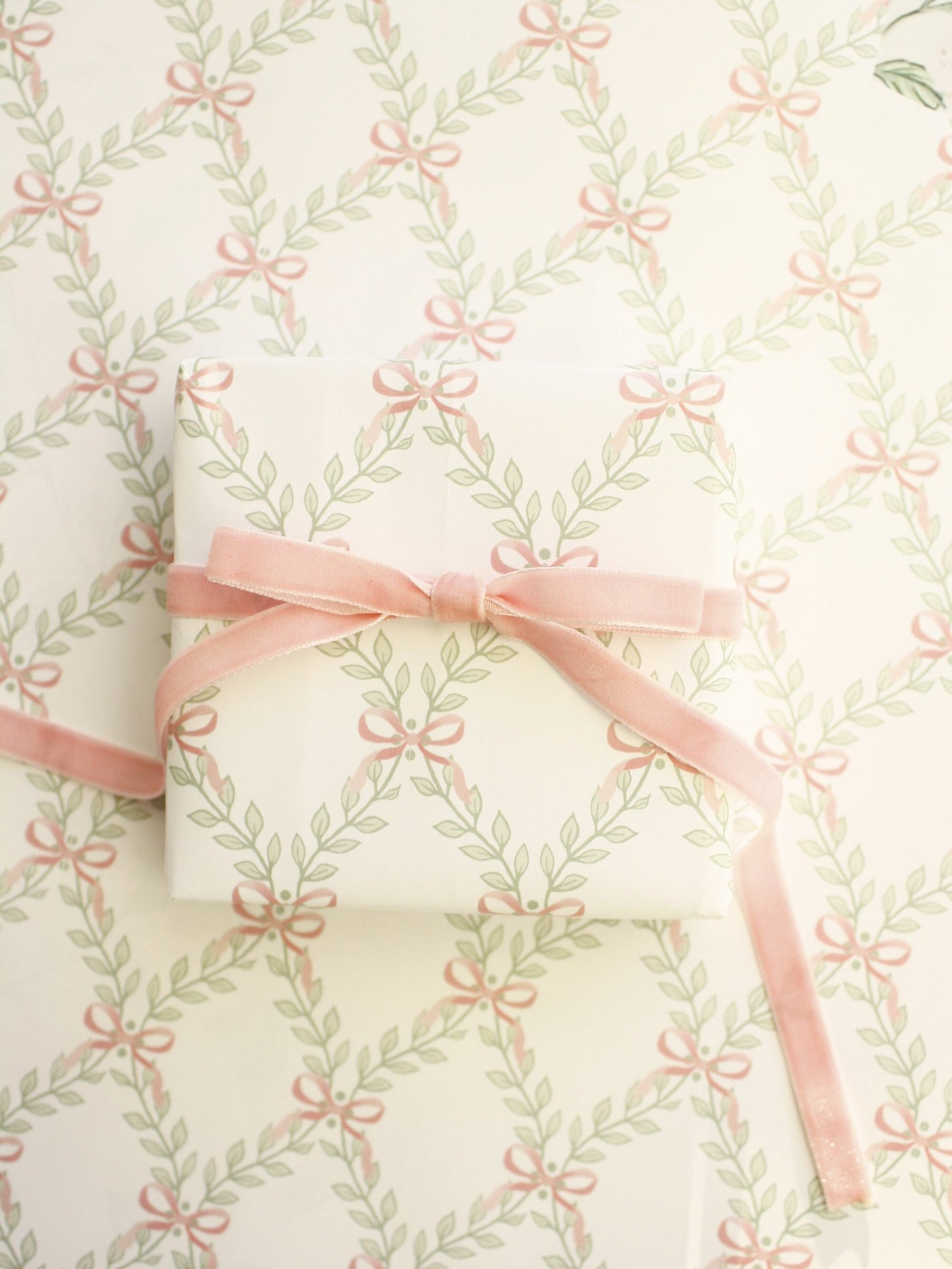 Greenery Lattice Pink Bows Wrapping Paper