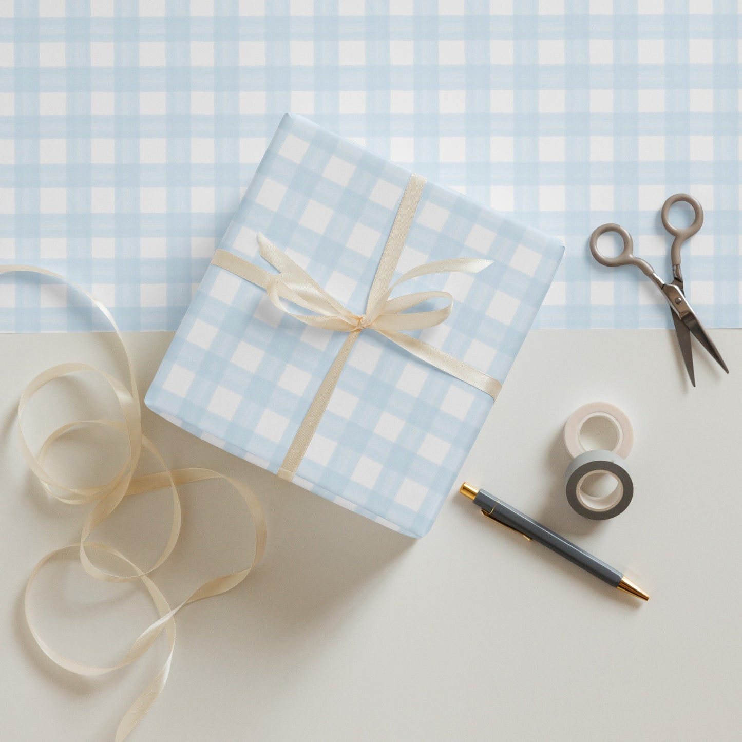 Gingham Gift Wrap in Blue