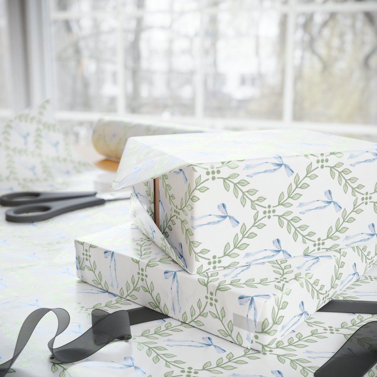 Greenery Lattice Blue Bows Wrapping Paper