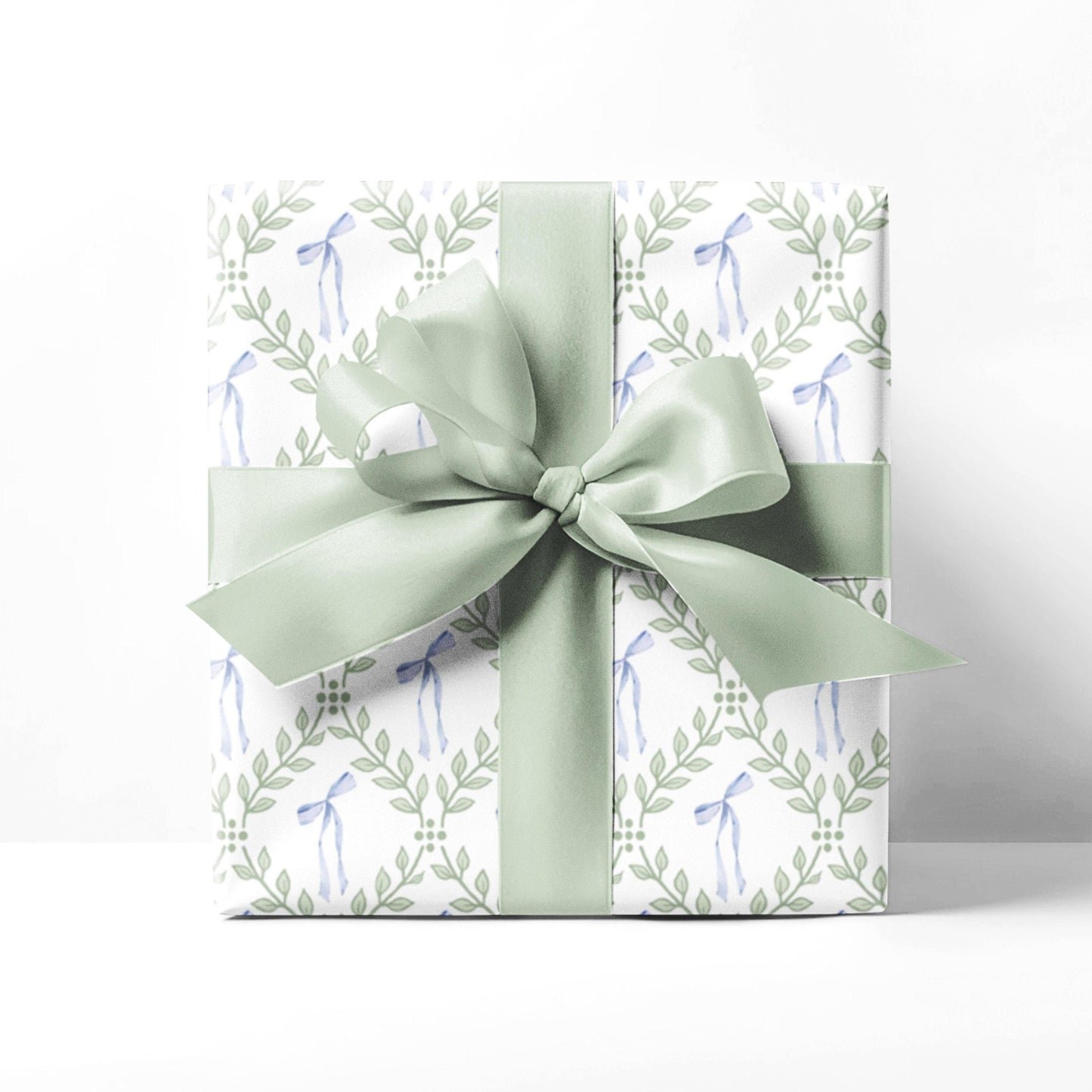 Greenery Lattice Blue Bows Wrapping Paper