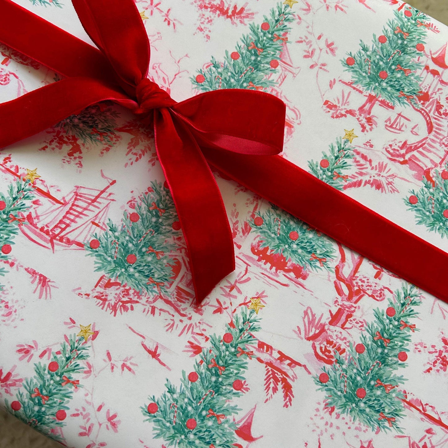 Red Toile Christmas Tree Wrapping Paper