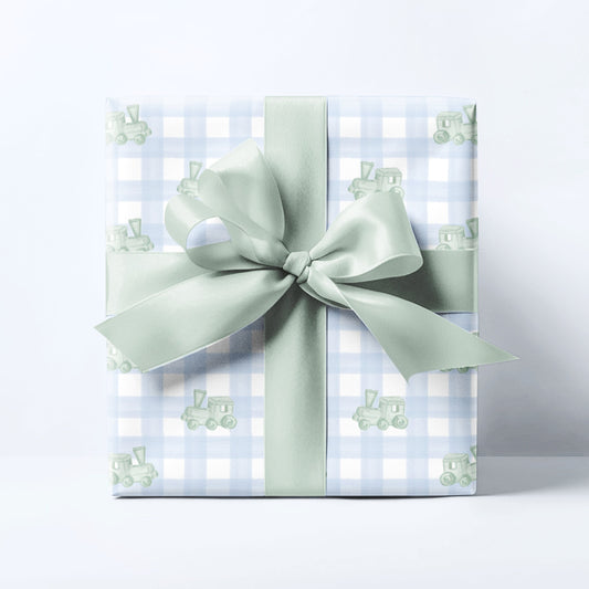 Gingham Trains Wrapping Paper