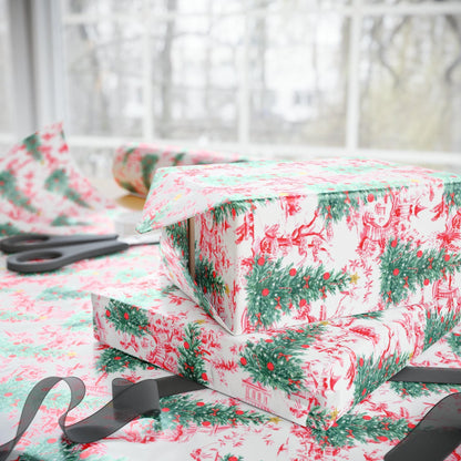 Red Toile Christmas Tree Wrapping Paper