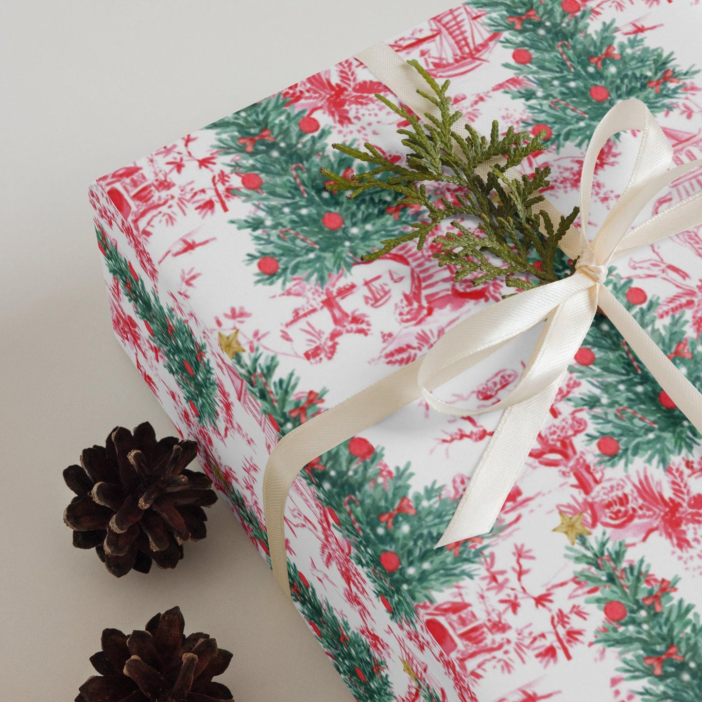 Red Toile Christmas Tree Wrapping Paper