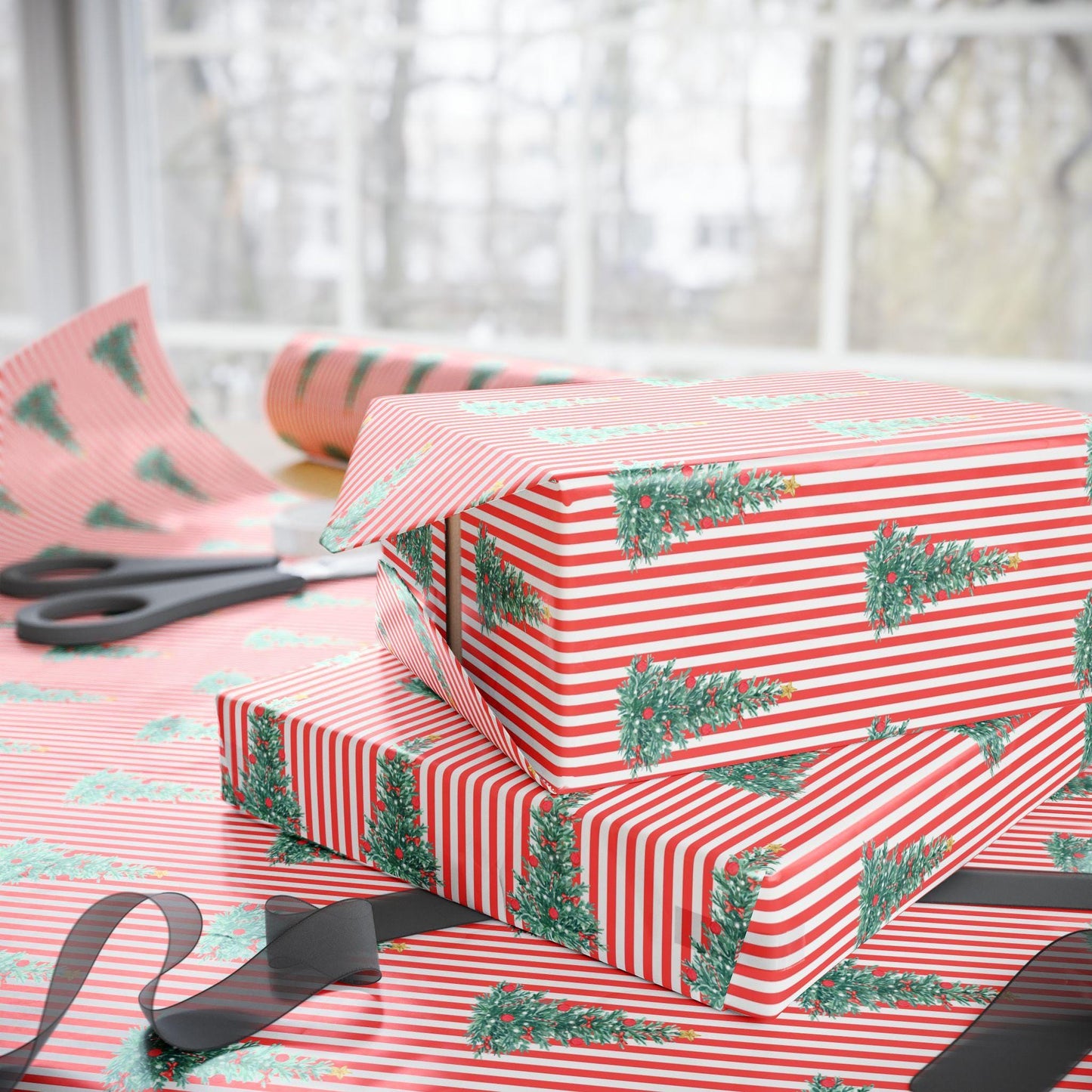 Christmas Tree Pinstripe Wrapping Paper